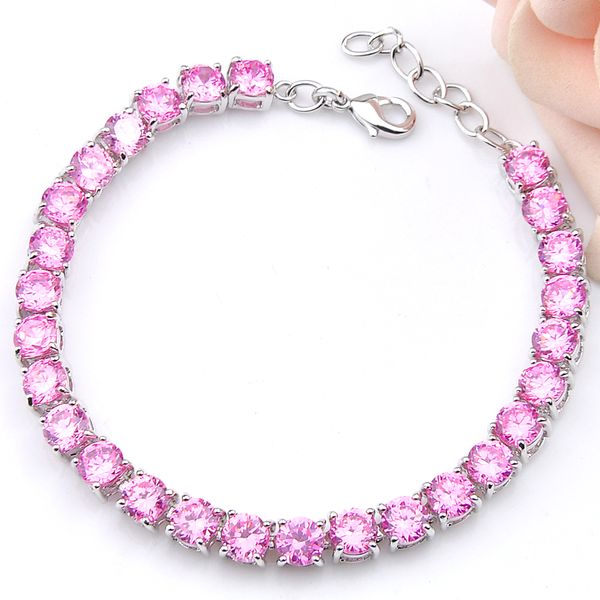 Mel bonito cinco milímetros rodada Kunzita 925 prata banhado rosa zircão pulseira para mulheres 8