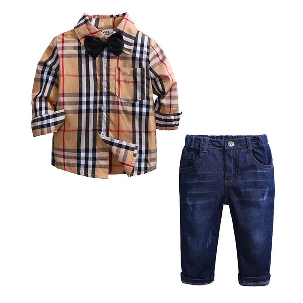 

2018 Spring And Autumn Child Suits Boy Lattice Long Sleeve Shirt Cowboy Trousers Twinset High Quality Baby Clothing Set