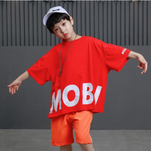 

kid fashion loose ballroom jazz hip hop dance competition costume for girl boy t shirt shorts dancing stage wear outfits, Black;red