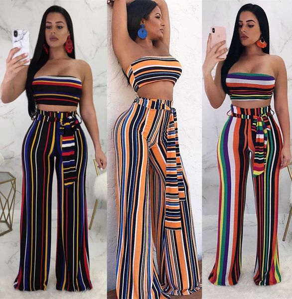 

Women Cocktail Party Colorful Striped Print Summer Two Piece Pant Set Sexy 2 Piece Set Sweatsuits Clubwear
