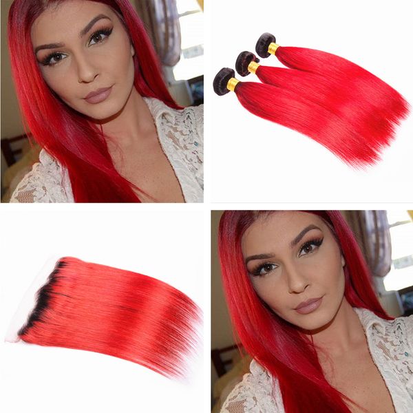 Ombre Color 1b Red Ear To Ear Frontal With Straight 3bundles