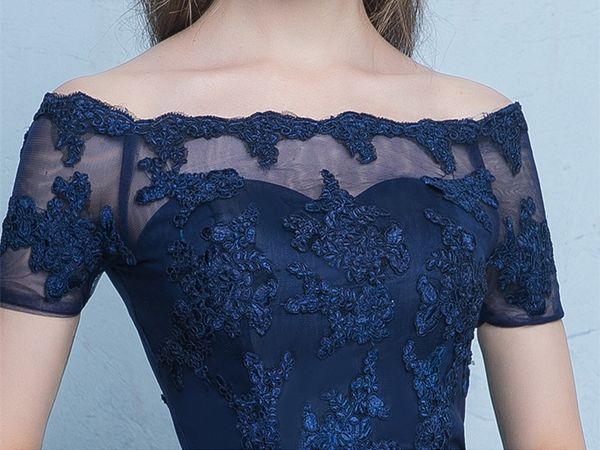 Marineblaues Cocktailkleid aus High-Lo-Tüll mit Applikationen, kurzen Ärmeln, Hellgrau, Schwarz, Burgunderrot, Partykleider, günstig, für besondere Anlässe, dre262s