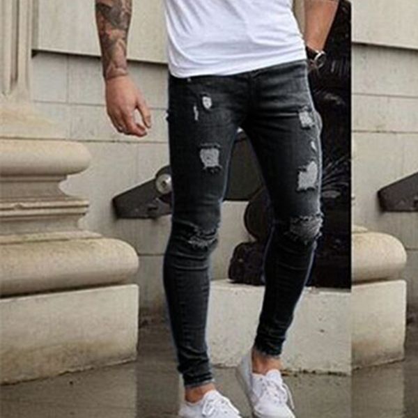 

helisopus fashion men ripped skinny jeans men's biker motor destroyed hole slim fit denim pencil pants, Blue