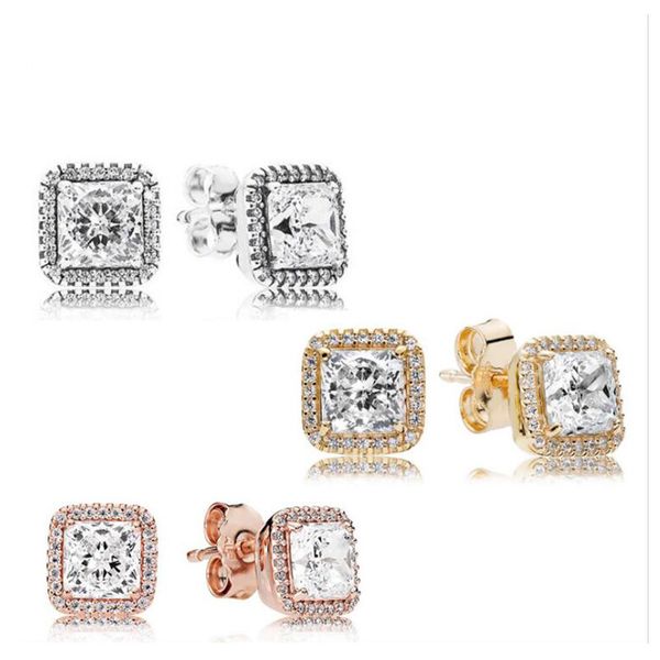 Orecchini in argento sterling 925 quadrati con diamanti CZ grandi adatti a gioielli Pandora Orecchini a bottone placcati in oro rosa Orecchini da donna