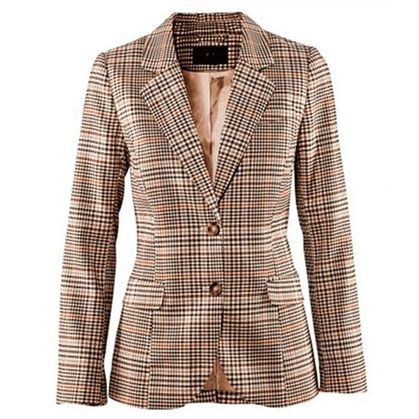 

Autumn Women Plaid Blazers Vintage Suit Jackets British Slim Female Long Sleeve Checked Patch Elbow Coat Female Outerwear