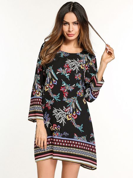 

2018spring new style women's fashion chiffon dress o-neck elegant loose print dress flowers print dress mlxl2xl, White;black