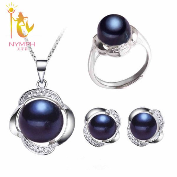 

nymph] wedding pearl jewelry set fine jewelry real freshwater pearl necklace pendant earrings trendy for woment20, Black