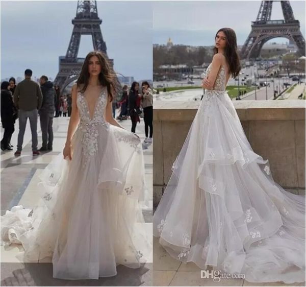 

2020 wedding dresses deep v-neck 3d lace floral boho bridal gowns sleeveless sweep train tulle summer wedding gowns, White