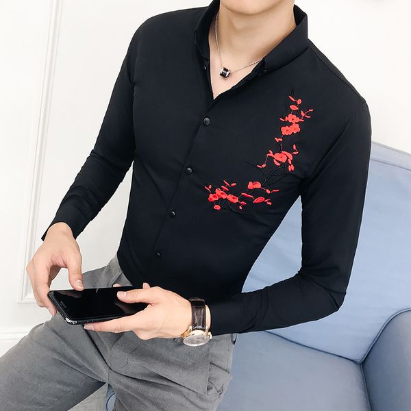

2018 men's print cotton dress shirts male long sleeve slim fit business casual shirt outwear plus size -5xl, White;black
