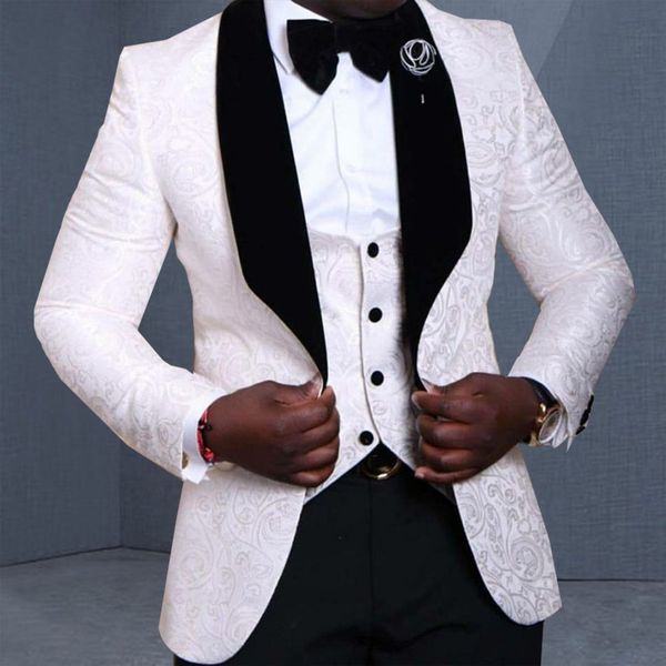 

latest design groom tuxedos one button white shawl lapel groomsmen wedding mens blazer party suits (jacket+pants+vest+tie) j611, Black;gray