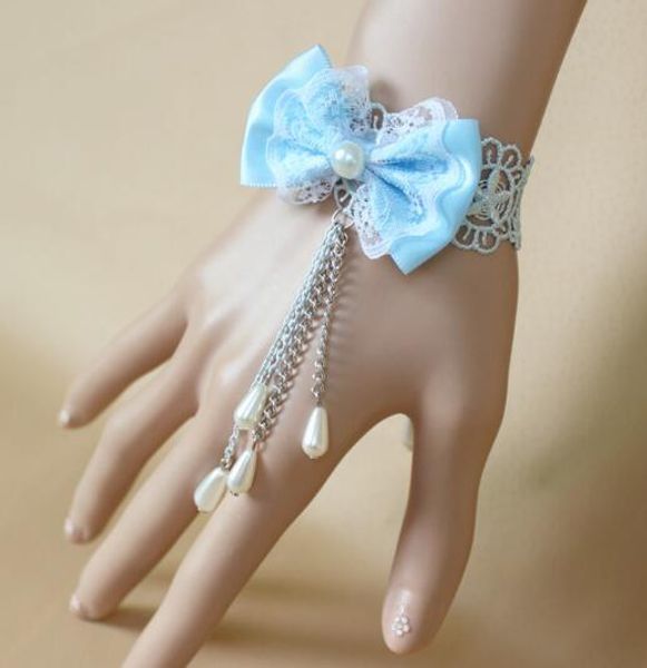 

new european and american popular lake blue bowknot drop pearl bracelet belt refers to the fashion classic elegant, Golden;silver