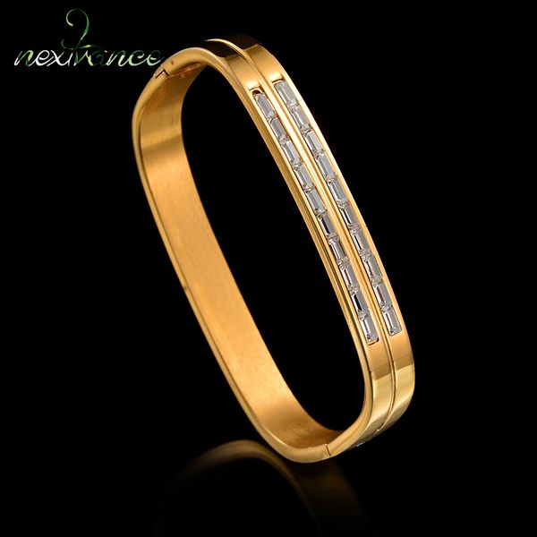 

nextvance luxury cubic zirconia rectangle bangle gold stainless steel bangles for female jewelry dropshipping, Black