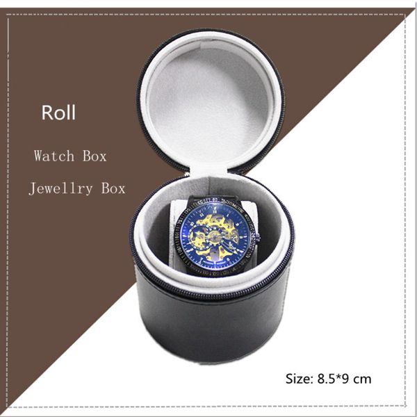 

high quanlity pu leather watch box black roll mens watch storage box single package women gift display case with zip b028, Black;blue