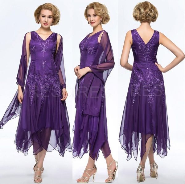 Chiffon roxo chá de comprimento mãe dos vestidos de noiva com envoltório com decote em v a linha mãe vestido formal do baile de finalistas