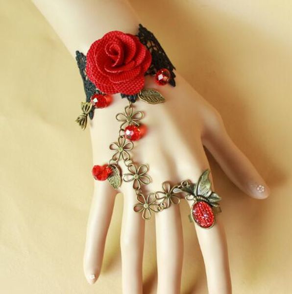 

new european and american fashion vintage butterfly black lace red rose lady bracelet band ring integration of fashion classic delicate, Golden;silver