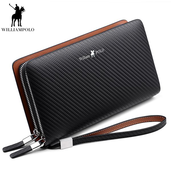 

williampolo 2018 fashion new arrival 100% cow leather business solid zipper long mens clutch wallet male handbag wallet pl170, Red;black