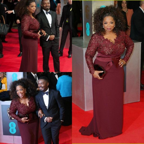 

oprah winfrey burgundy long sleeves evening dresses v-neck sheer lace sheath plus size mother dresses celebrity prom red carpet gowns, Black;red