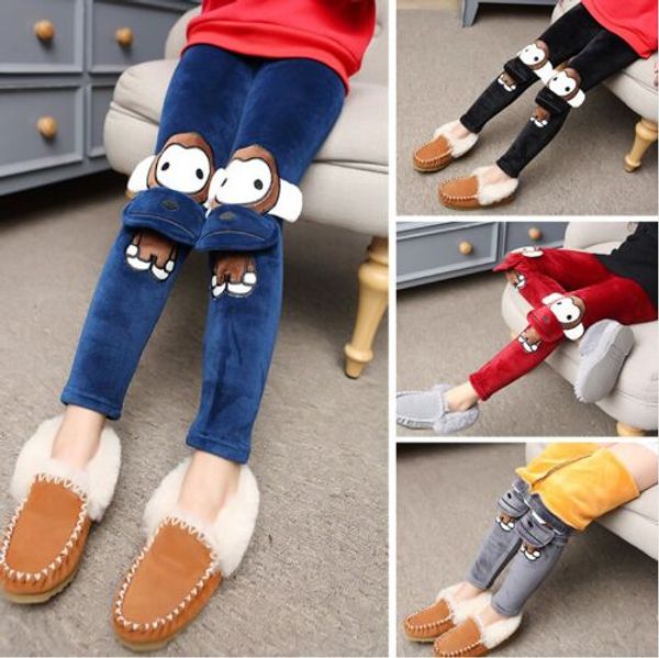 

winter suede girls leggings children pants kids thick warm elastic waist monkey head cotton girl pants, Blue