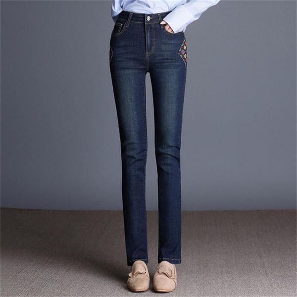

2018 new women's decoration straight jeans denim blue pants office lady spring autumn trousers plus size 26-40
