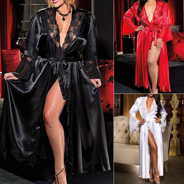 

lace silk satin long nightwear sleepwear nightgowns women nightdress bedroom gown bathrobes soft bandage belt homewear, Black;red