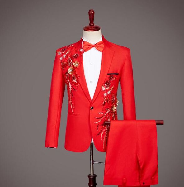 

blazer men formal dress latest coat pant designs sequin suit men terno masculino trouser wedding suits men's singer stage red, White;black