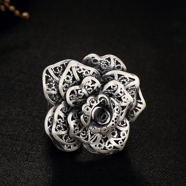 

whole sale925silver deer retro hand peony flower lady sterling silver ring opening exaggerated high-grade, Golden;silver