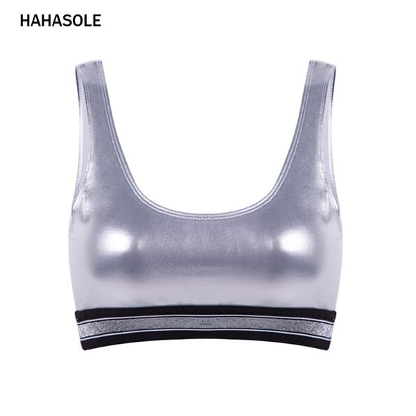 

hahasole metallic shiny yoga bras fitness underwear high elastic gym clothes gold silver color sports tank women hwa2583-3, White;black