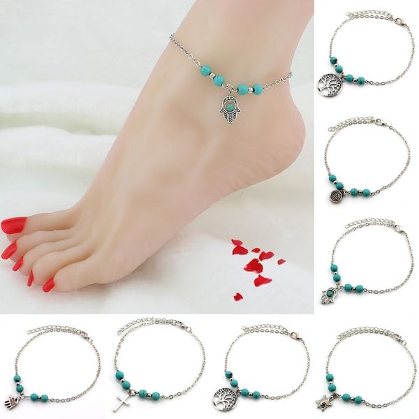 

6 styles bohemian handmade fatima palm foot chain anklets natural beaded cross tortoise anklets for women jewelry friendship d938l, Red;blue