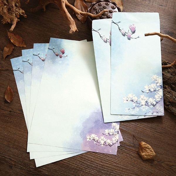 

6pcs/set cute paper envelope letter paper set chinese ink painting lotus flowers craft envelope invitation kawaii stationery