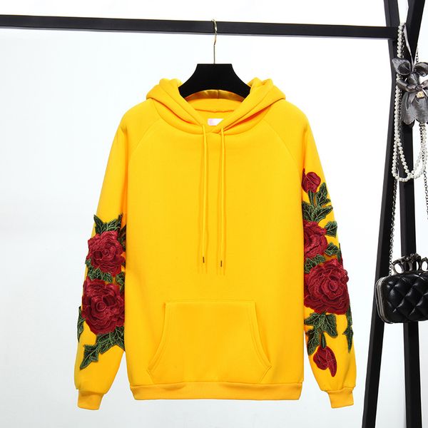 

fall winter clothing fleece sweatshirt 2018 new women fashion rose flower splice harajuku long sleeved warm pullover hoodie s18101006, Black