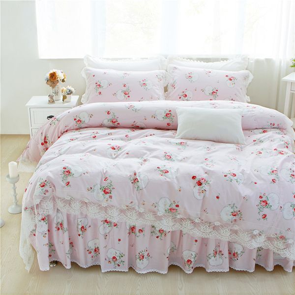 100 Cotton Lace Edge Pink Blue Fl Print Girls Bedding Set Twin Queen King Single Double Size Duvet Quilt Cover Pillowcases Gold