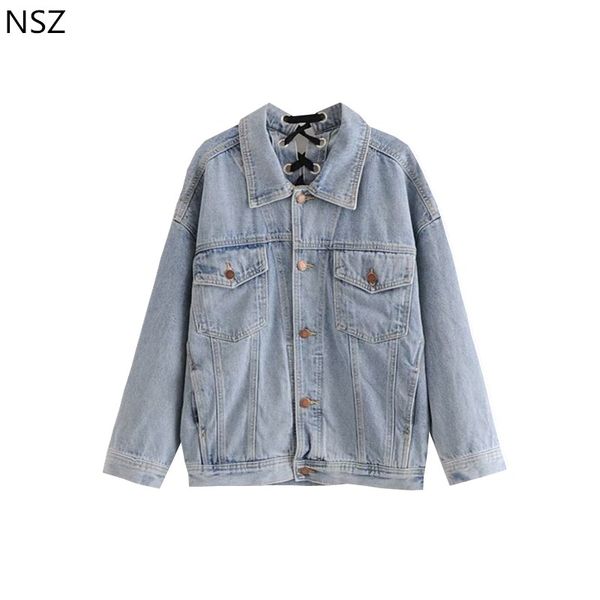 

nsz women jeans jacket denim coat autumn 2018 long sleeve lace-up coat oversize loose outerwear, Black;brown