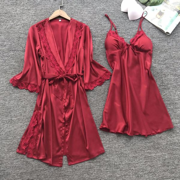 

casual women silk robe set solid robe and spaghetti strap nighties dress full sleeve sleep wear set, Black;red
