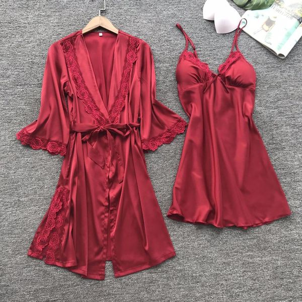 

casual women silk robe set solid robe and spaghetti strap nighties dress full sleeve sleep wear set, Black;red