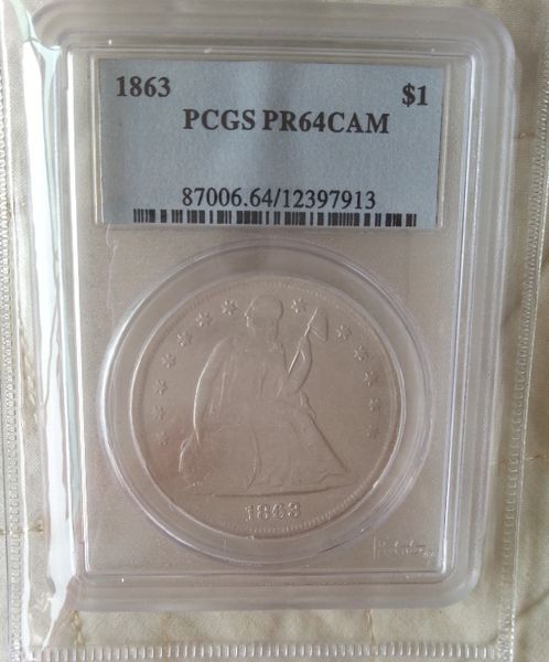 

Selling PCGS 1863 PR64CAM One Dollar Seated Liberty Coin / FREE SHIPPING
