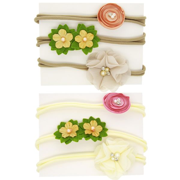 

new 3pc/set newborn flower headband skinny soft nylon headpiece turban headwear satin chiffon girls hair accessories 10pcs h180, Slivery;white