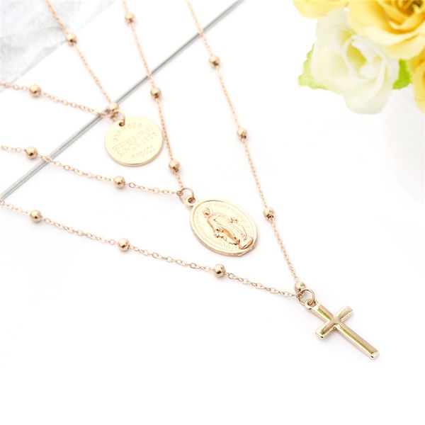 Madonna Cross Colar Chain Silver Gold Correnturas multicamadas Colar Charckie Jesus Cross Pingentes Colares Mulheres Will and Sandy Gift