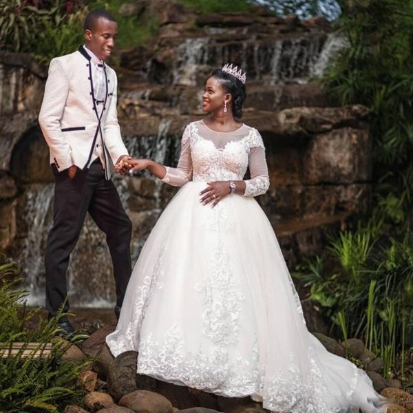 

south african plus size wedding dresses sheer neck princess vintage bridal dress hollow back appliques lace long sleeves wedding gowns, White