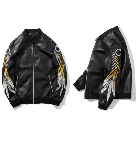 

High Fashion Mens Leather Jackets 2018 Black PU Bomber Jacket with Embroidery Long Sleeves Street Style Leather Clothing for Autumn