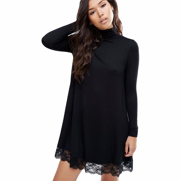 

оптовая-2017 осень новое прибытие женщины sexy черный вязание крючком водолазка кружева с длинным рукавом свободные shift dress женский лоск, White;black