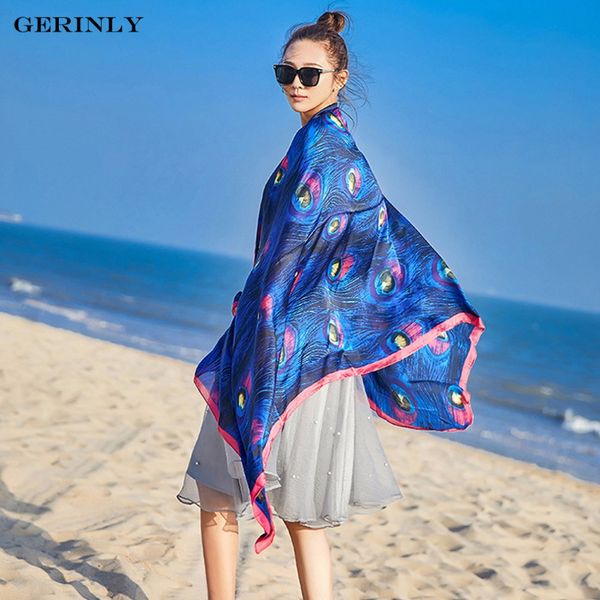 

gerinly 90x180cm pareo scarf women beach sarongs beach cover up summer silk scarves peacock feathers print shawls bikini dresses, Blue;gray