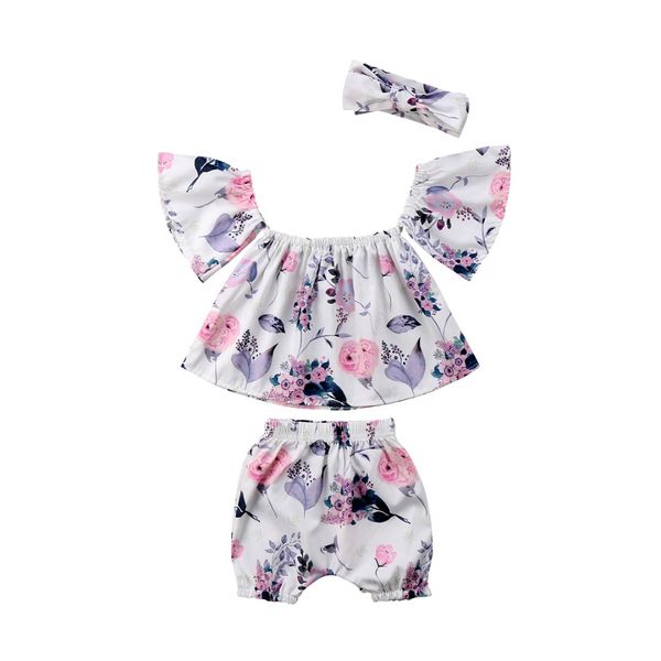 

3pcs newborn baby girl floral bow + floral off shoulder t-shirt +shorts outfits set clothes summer, White