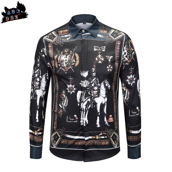 

ac&dbz 2018 catwalk fashion brand men's slim shirt british wind horseback printing business shirt long sleeve casual, White;black
