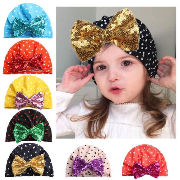 

christmas infant baby girls sequins bowknot hat headwear child toddler kids beanies turban dots hats children hair accessories, Yellow
