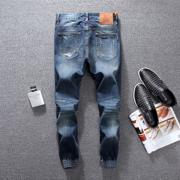 

dark men's fashion jeans blue destroyed quality ankle jogger color banded jeans ripped pants brand men denim classical vcdlj, Black