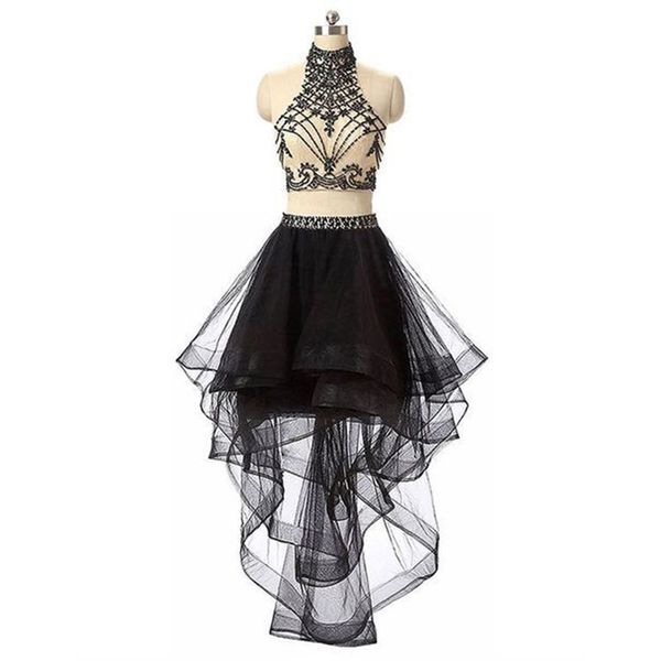 Champagne e preto dois peças vestidos de baile de baile alto cabrestimato de pescoço mangas frisado colheita top ruffles tulle oi baixa noite vestidos de festa personalizado