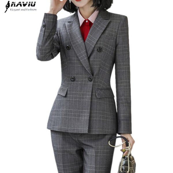 

fashion plaid pants suits women new formal business long sleeve slim blazer and trousers office ladies work wear, White;black