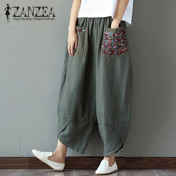 

zanzea autumn retro print pockets women elastic waist loose long trousers linen harem pants cotton casual boho splice pantalon, Black;white