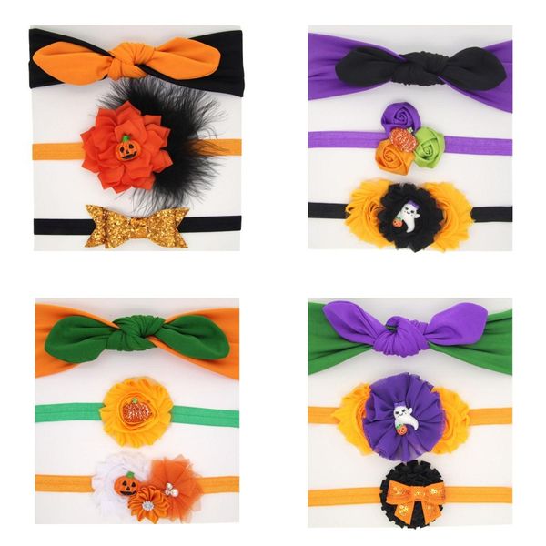 

halloween baby girls ghost pumpkin headband set kids sequins hair bowknot children head band flower hair accessories 3pcs/set, Slivery;white