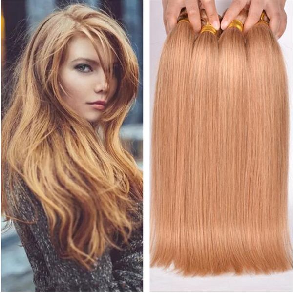 Bal Blonde Düz Saç Uzatma Renk # 27 İpek Düz Brezilyalı Virgin Unprocess İnsan Saç 3Bundles Çilek Sarışın Saç Atkı